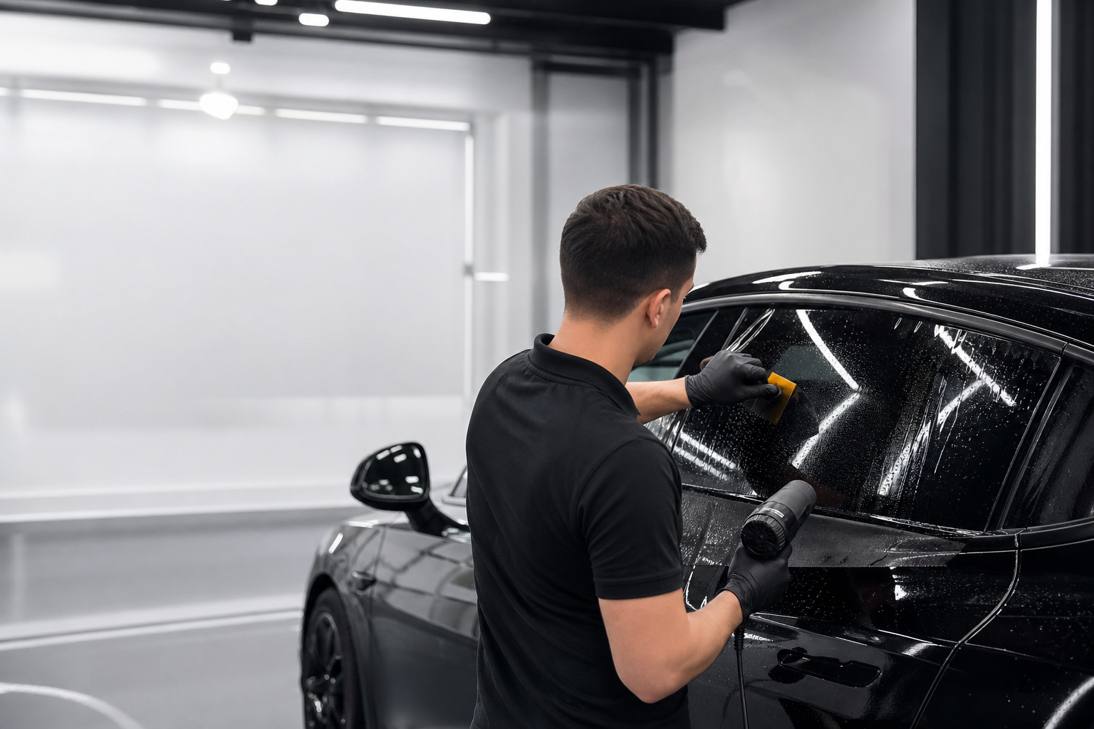 Technician applying protective film to vehicle