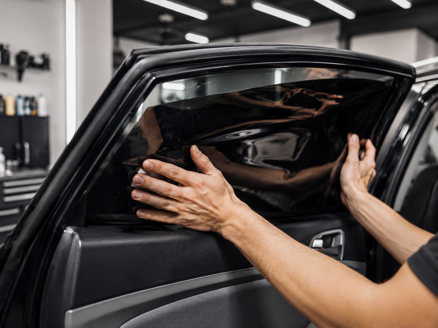 Technician applying tint film to a car side window at Avid Auto Detailing in Derry, NH