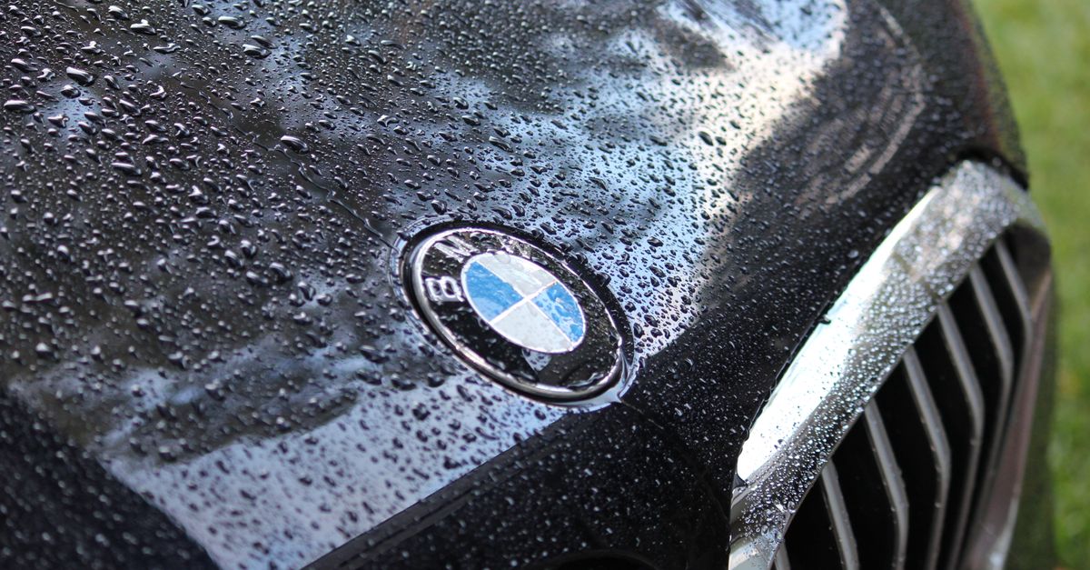 Rainwater sitting in tight, round beads across the glossy black hood of a car next to its chrome grille
